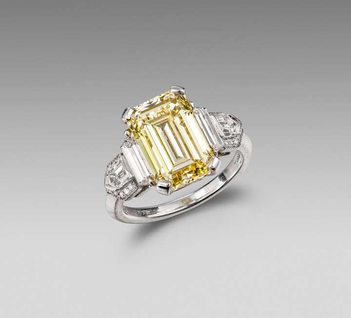 Platinum, Fancy Yellow Diamond and Diamond Art Deco Ring
